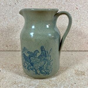 Vintage Moira Pottery Stoneware Pitcher Blue Hens Chickens England Farmhouse